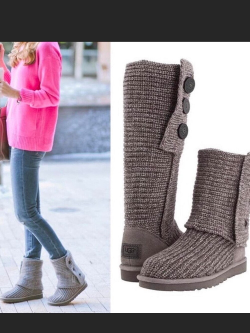 UGG Cardy Womens Gray Sweater Knit Button Tall Boots